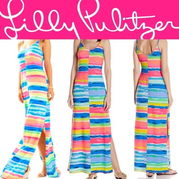 Lilly Pulitzer | Gigi Neon Rainbow Watercolor Blurred Stripe Beach Maxi Dress - Picture 1 of 10